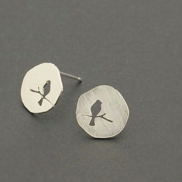 Brushed Gold or Silver Tone Bird on Branch Stud Earrings NWT - Picture 3 of 7